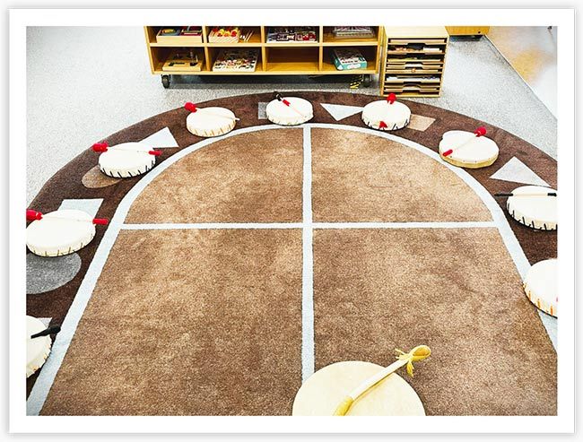 Photo 1: Drums placed in a circle on a brown carpet